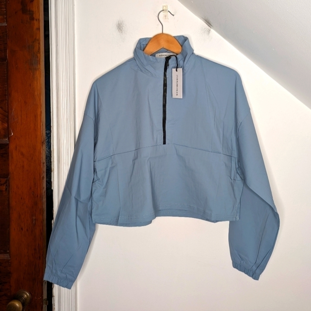 WEWOREWHAT Sporty Nylon Cropped Oversized Quarter Zip Dusty Blue NEW Size S